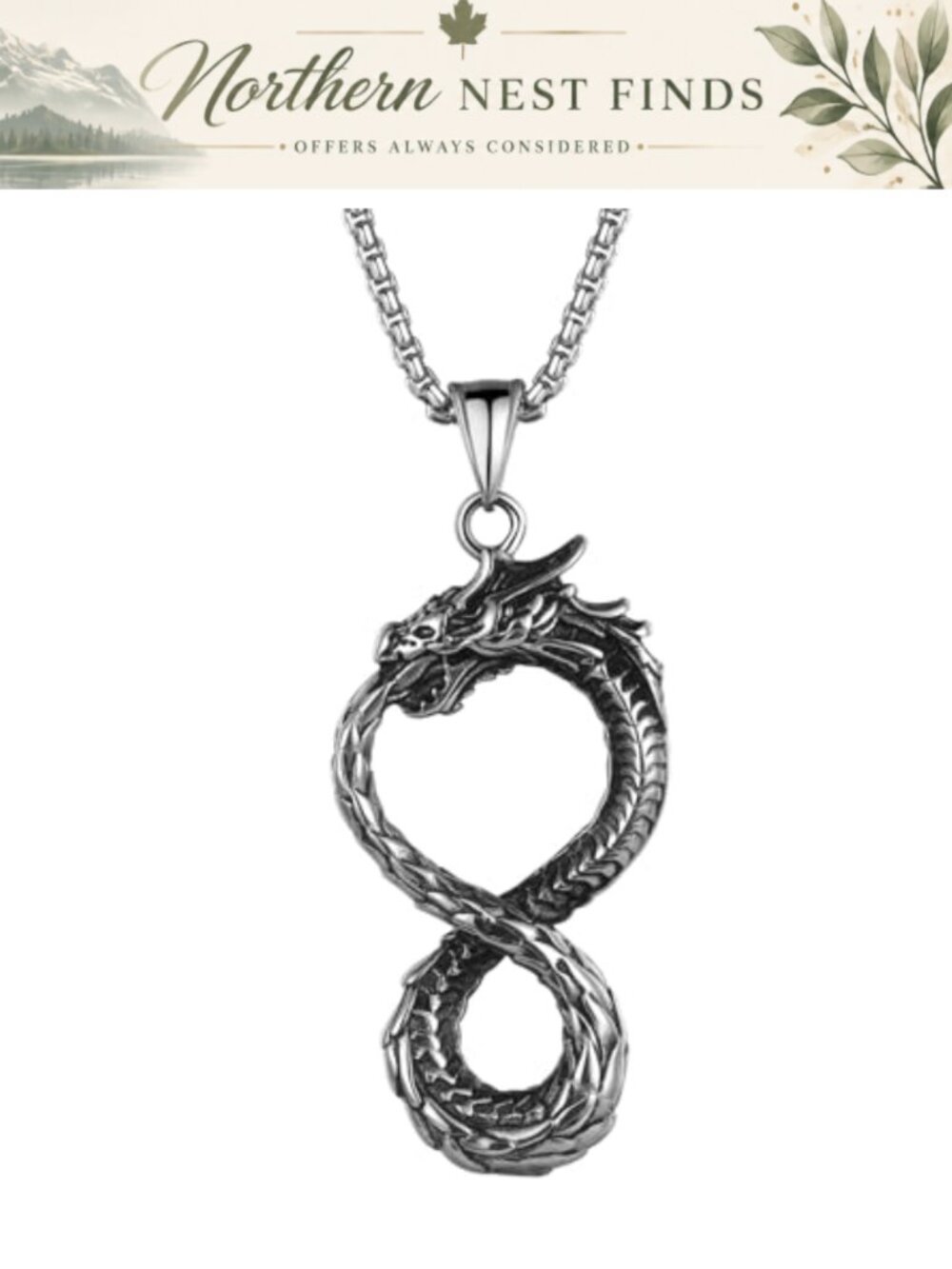 Stainless Steel Infinity Dragon Pendant Necklace Adjustable Chain Men